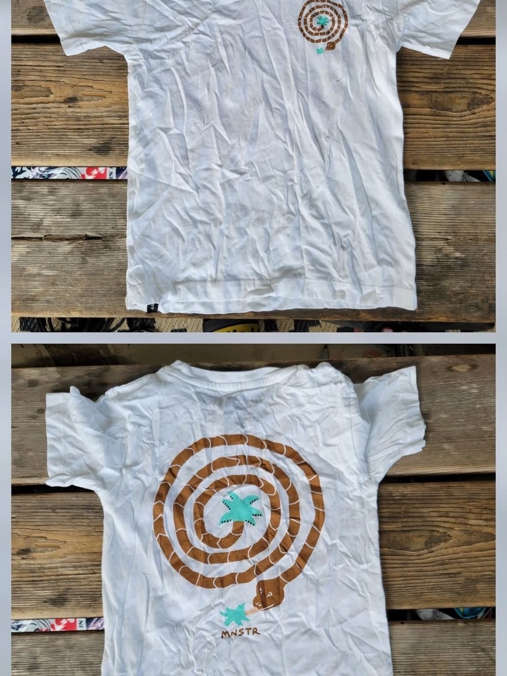 MUNSTER SZ 3Y VGUC WHITE w/ double side print s/s T-s Brown Spiral and Teal Star